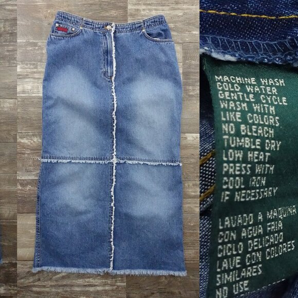 Vintage Ralph Lauren Jeans Patchwork Denim Maxi Skirt Raw Hem 1990s Y2K Size 6 - Picture 9 of 10